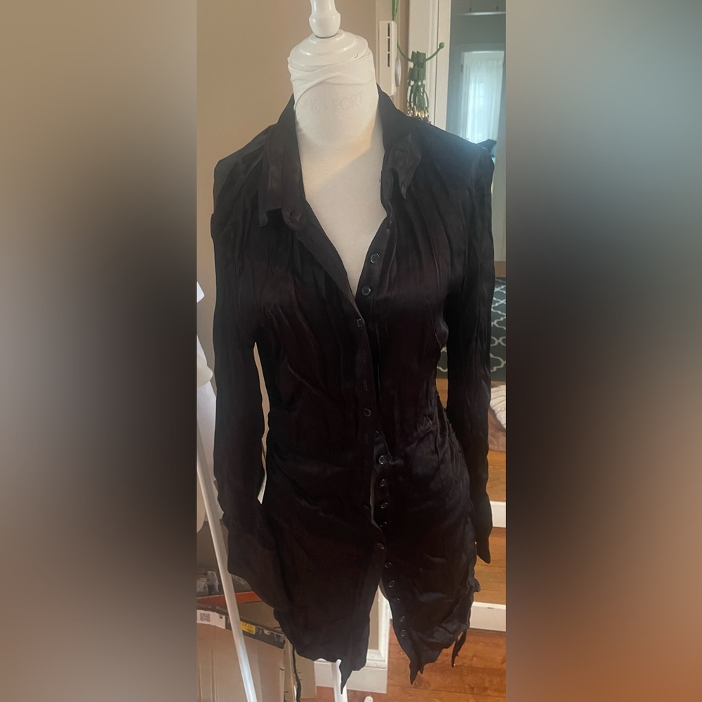 Bardot Black Satin Button-Front Shirt Dress